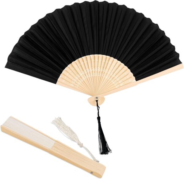 2 Pack Black and White Silk Bamboo Folding Fans, Hand 2 Pack Black and White Silk Bamboo Folding Fans, Hand Fans f...