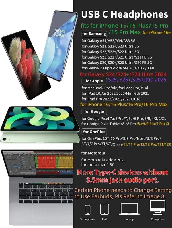 USB C Headphone for Samsung S23 FE S22 S21 S20 A53 A54 Wired...