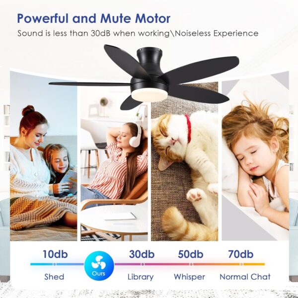 48 Inch Ceiling Fan with Light, Black Flush mount Ceiling Fa...