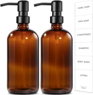 GMISUN Amber Glass Soap Dispenser, 2 Pack Bathroom Hand Soap...