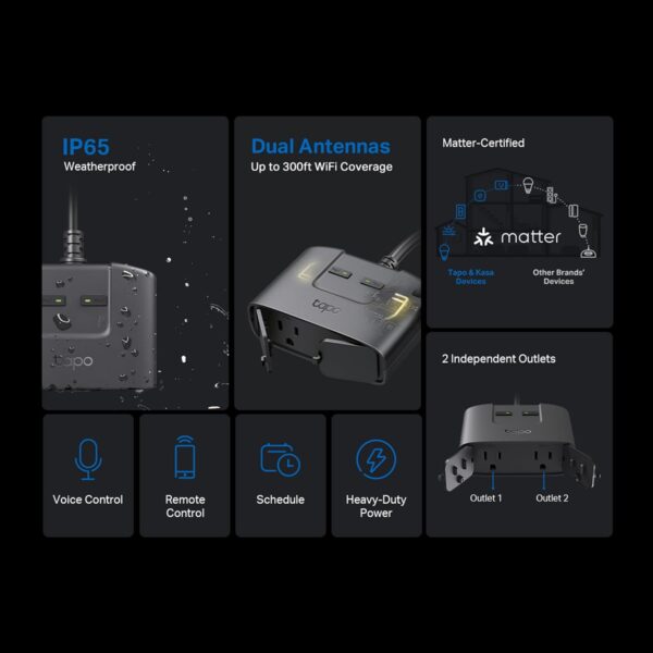 61fPxsLjkpL._AC_SL1500_.jpg TP-Link Tapo Matter Outdoor Smart Plug, 2 Individual outlets...