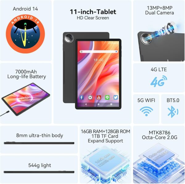 71-86IiAOwL._AC_SL1500_.jpg Tablet 11 inch Android 14 Tablet, 2025 Latest Update 128GB R...