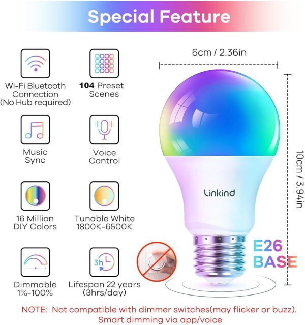 Linkind Color Changing Smart WiFi Light Bulbs, Work with Ale...