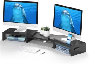 BONTEC Dual Monitor Stand Riser with Smartphone Holder, Adju... BONTEC Dual Monitor Stand Riser with Smartphone Holder, Adju...