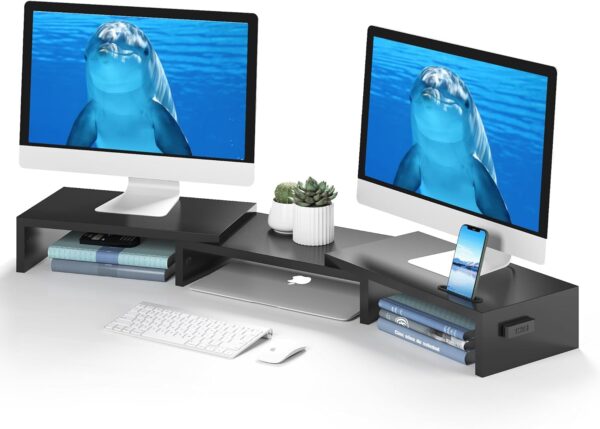 BONTEC Dual Monitor Stand Riser with Smartphone Holder, Adju...
