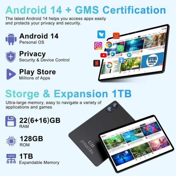 71Fbnoo0AfL._AC_SL1500_.jpg 2025 Android 14 Tablet, 22GB RAM 128GB ROM 1TB Expand, 10 in...