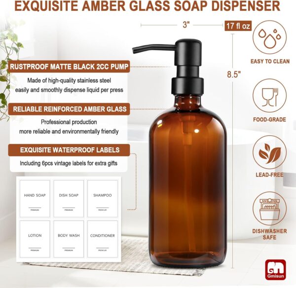 GMISUN Amber Glass Soap Dispenser, 2 Pack Bathroom Hand Soap...