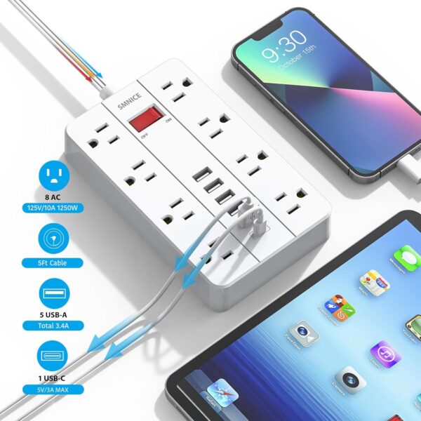 Power Strip with USB,Surge Protector Flat Plug with 8 Widely...