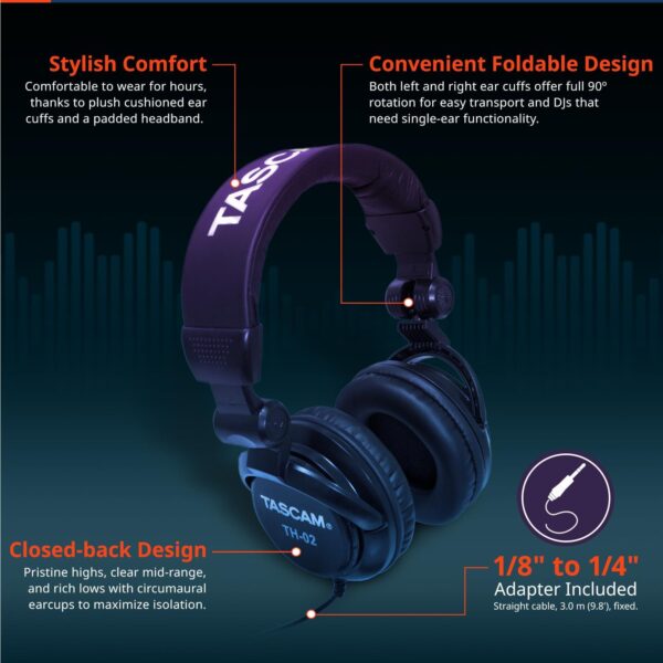 TASCAM TH-02 Professional Studio Monitor Headphones, Wired, ...