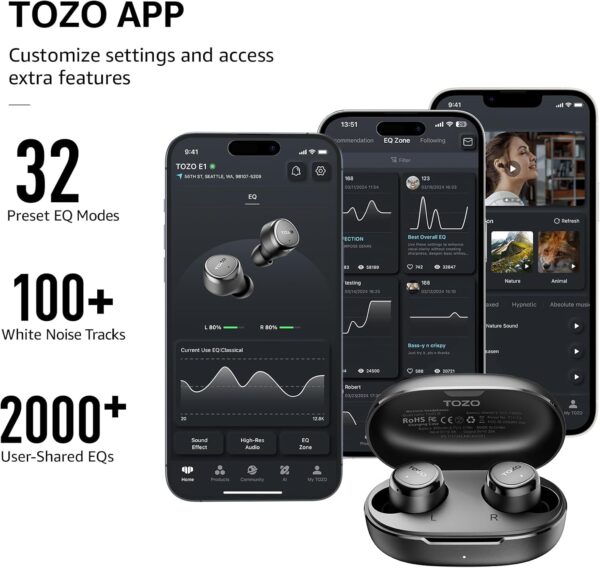 TOZO E1 Wireless Earbuds Build in Mic Clear Calls Ergonomic ...