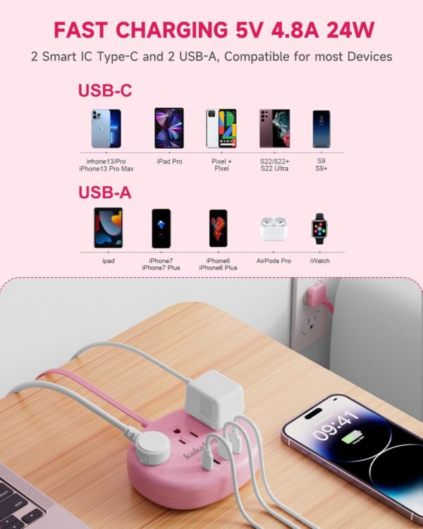 71zdw3YqTEL._AC_SL1500_.jpg Pink Extension Cord with Surge Protected 1080J - 5 FT Flat E...