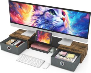 WESTREE Dual Monitor Stand Riser with Two Drawers, Extra Lar... WESTREE Dual Monitor Stand Riser with Two Drawers, Extra Lar...