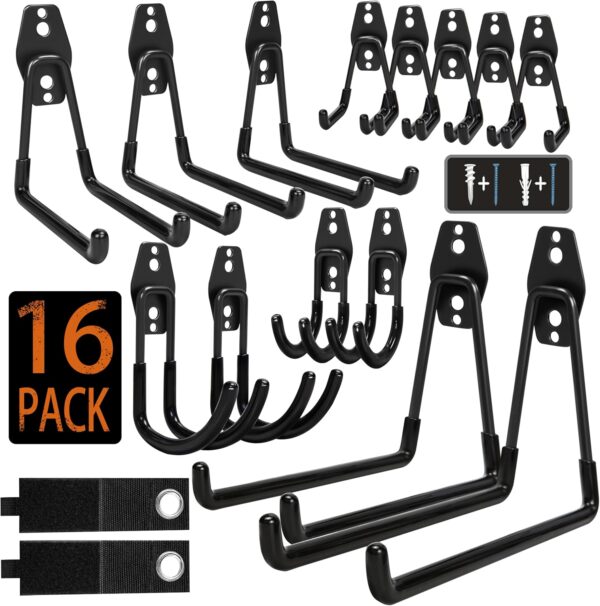 Steel Garage Storage Hooks - 16 Pack Anti-Slip Coating, Heav...