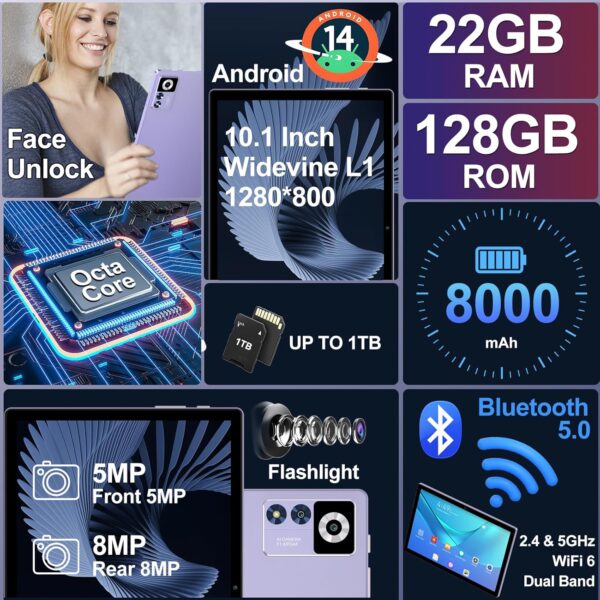 81XRvRj6TrL._AC_SL1500_.jpg 2025 Android 14 Tablet 22GB RAM 128GB ROM 1TB Expand, 10.1 i...