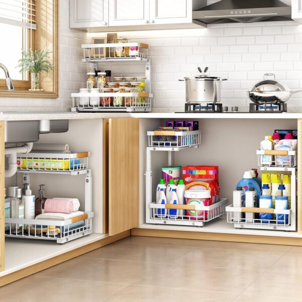 81qGnqp0TkL._AC_SL1500_.jpg PXRACK 2 Pack Under Sink Organizer,Adjustable Height,2 Tier ...