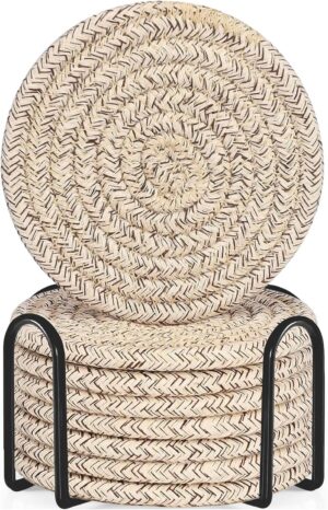 ABenkle 8 Pcs Drink Coasters with Holder, Cotton Woven Absor... ABenkle 8 Pcs Drink Coasters with Holder, Cotton Woven Absor...