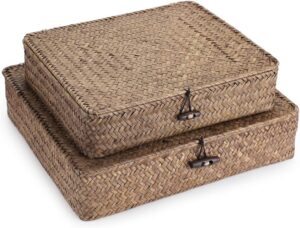 Hipiwe Set of 2 Flat Woven Wicker Storage Bins with Hipiwe Set of 2 Flat Woven Wicker Storage Bins with Lid Natu...