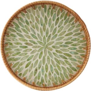 Round Rattan Tray with Mother of Pearl Inlay, Rattan Serving... Round Rattan Tray with Mother of Pearl Inlay, Rattan Serving...