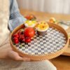 Round Rattan Tray with Mother of Pearl Inlay, Rattan Serving...