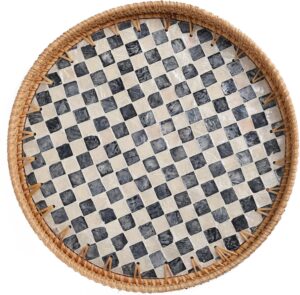 Round Rattan Tray with Mother of Pearl Inlay, Rattan Serving... Round Rattan Tray with Mother of Pearl Inlay, Rattan Serving...