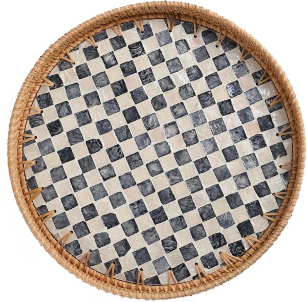 Round Rattan Tray with Mother of Pearl Inlay, Rattan Serving...