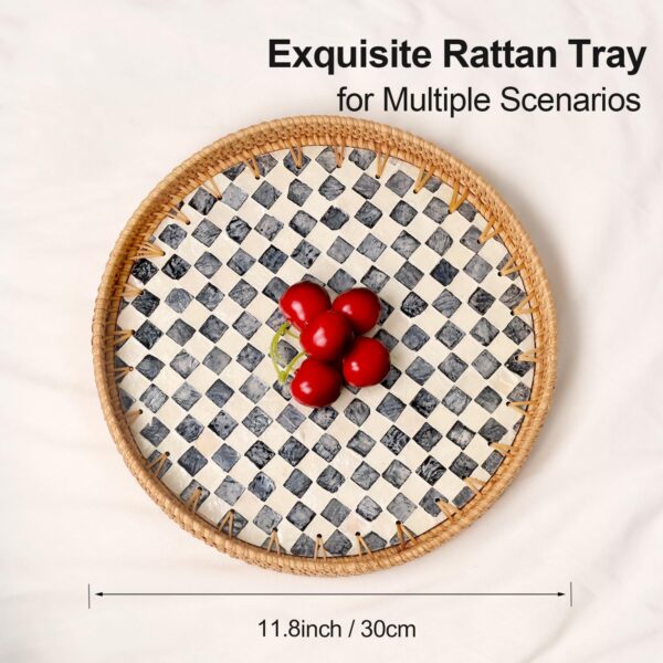 Round Rattan Tray with Mother of Pearl Inlay, Rattan Serving...