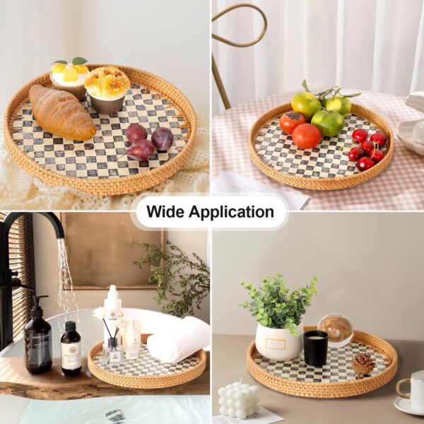 Round Rattan Tray with Mother of Pearl Inlay, Rattan Serving...